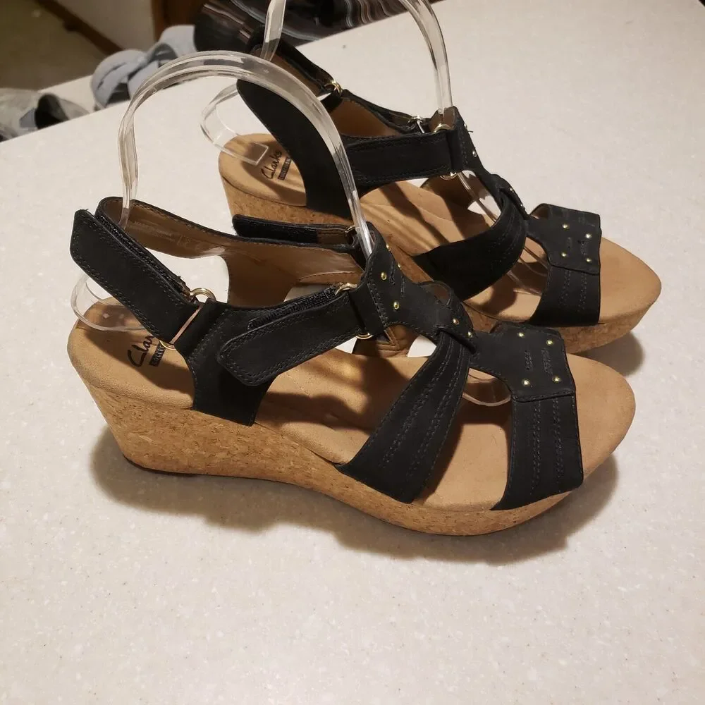 Clarks Annadel Pearl Black Nubuck Leather Wedge Sandals Womens Size 9.5